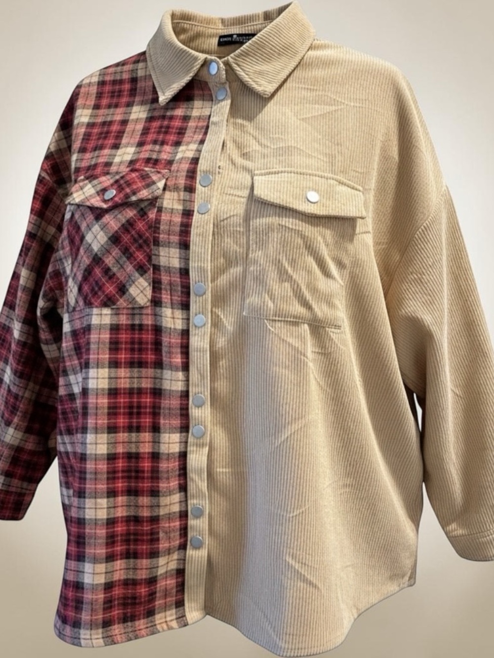 3X Two-Tone Emery Rose Shirt Jacket - Red Plaid & Tan Corduroy.